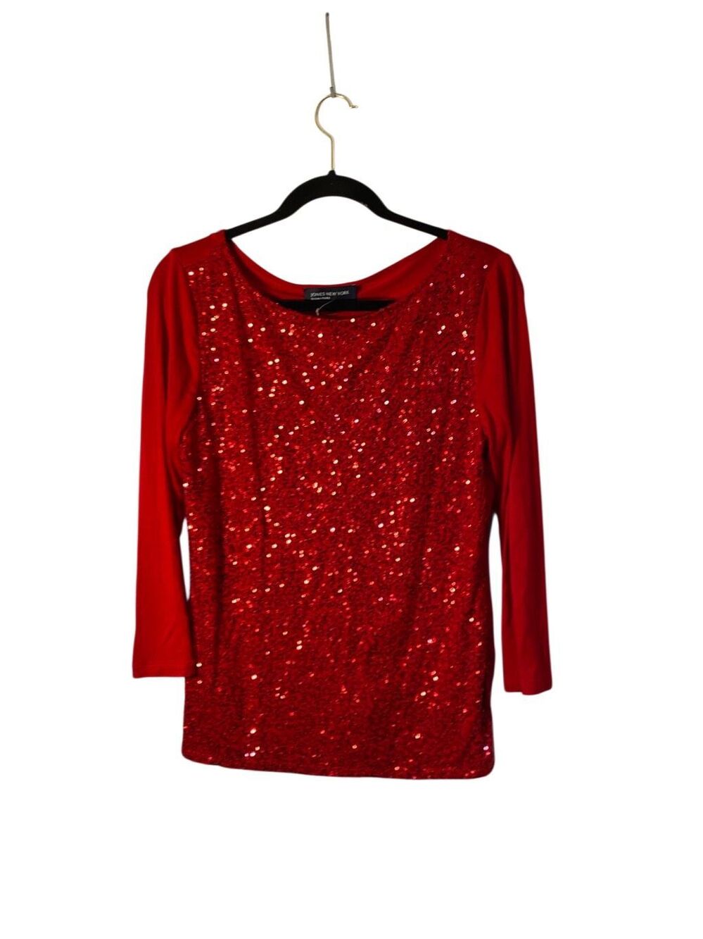 Jones New York women’s viscose blend 3/4 sleeve, sequin, glitter, red top M